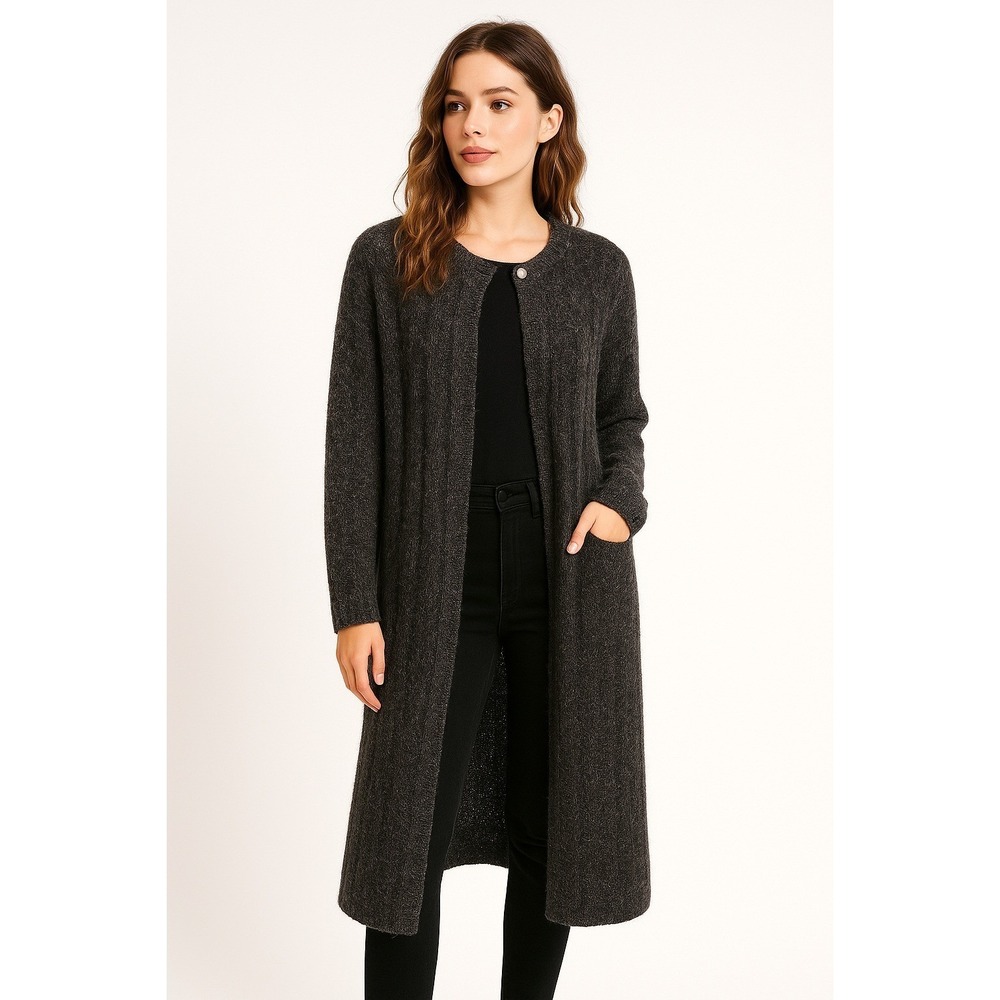 Evergreen Longline Cardigan Large Charcoal Gray Fuzzy Knit Duster Minimalist